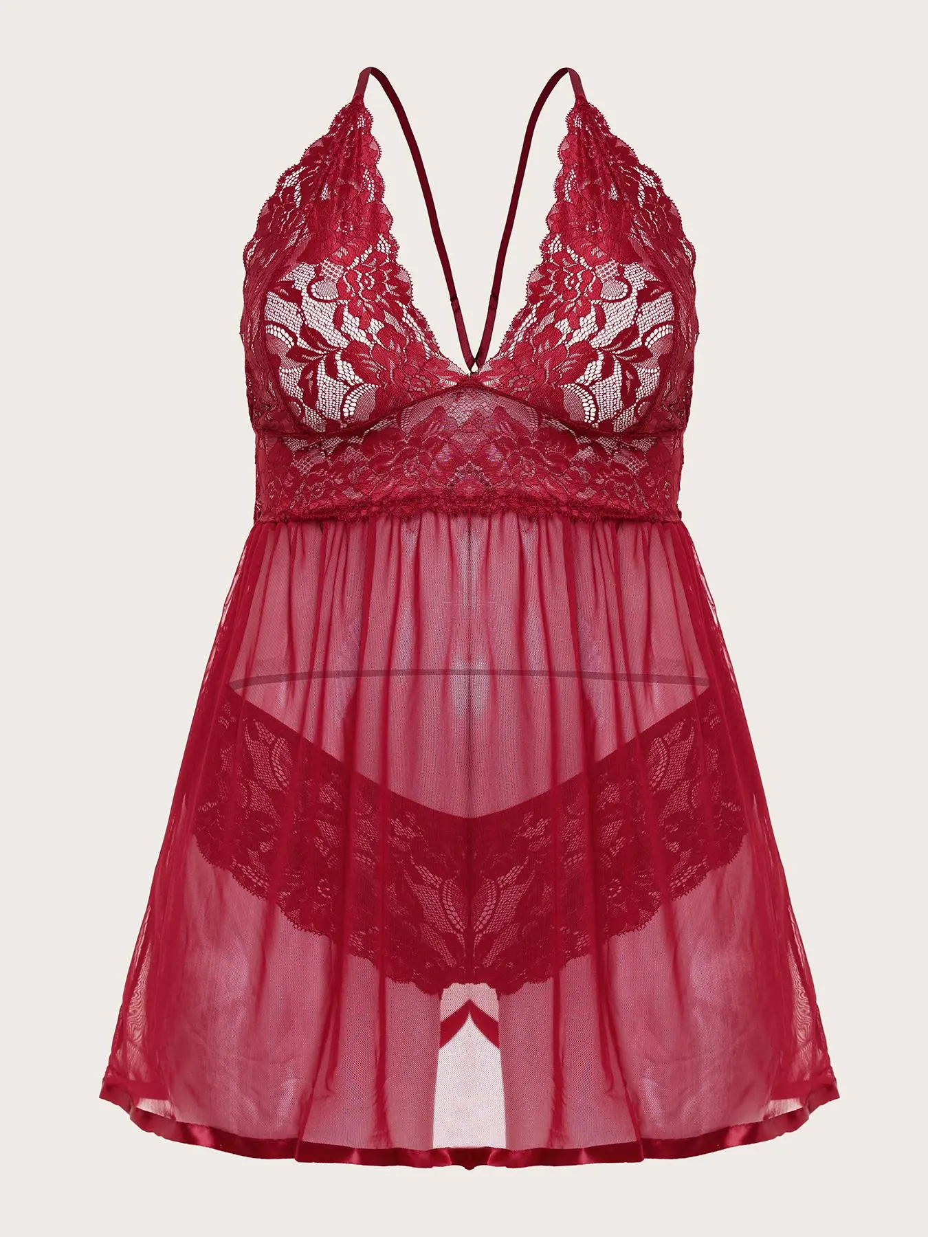 Women's Contrast Mesh Sheer Floral Lace Sexy Costume Set, Comfy Breathable Plus Size Cami Nightdress & Panty Set, Women's Sleepwear for All Seasons, Elegant Lingerie