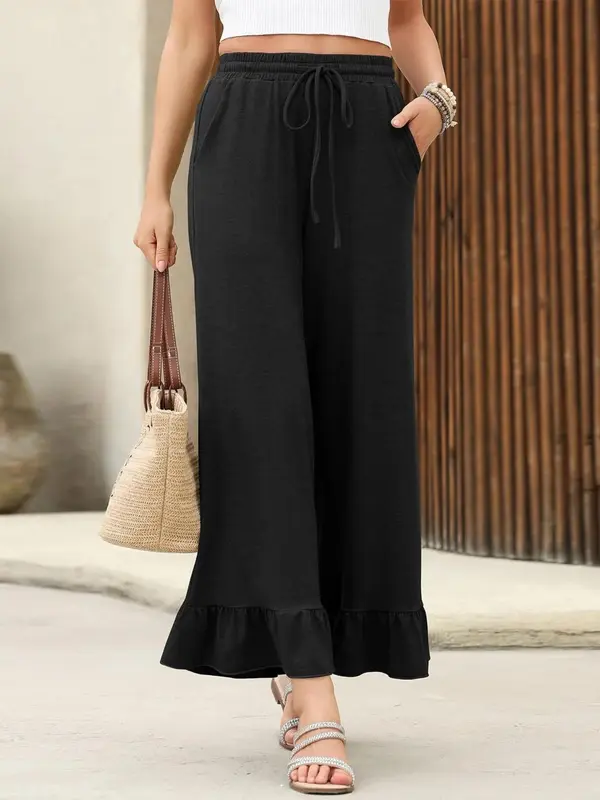 Women's Solid Color Tie Front  Wide Leg Pants, Casual Comfy Trousers for Daily Wear, Ladies Bottoms for All Seasons 3