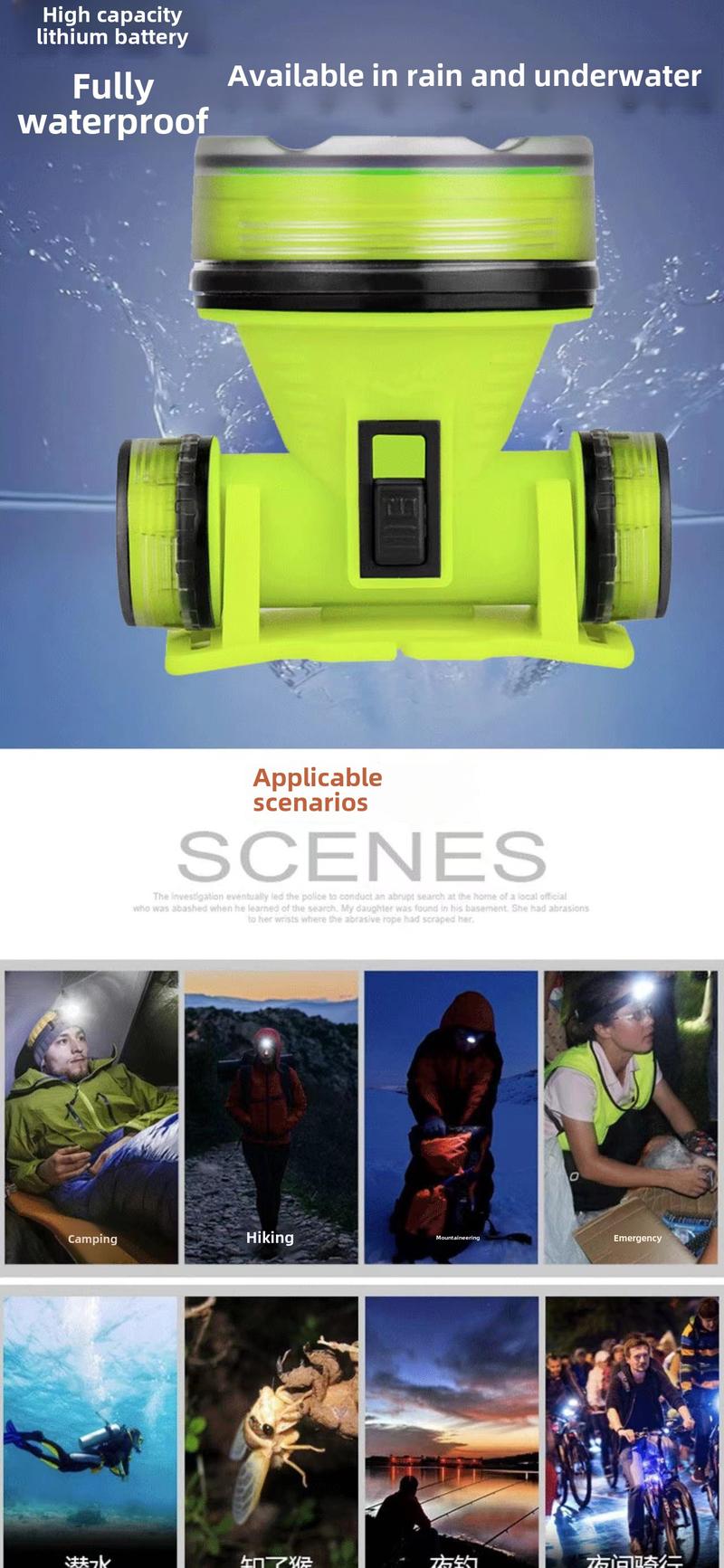 Product Introduction of New cross-border strong light diving headlight outdoor head mounted headlight long range high-power LED waterproof headlight 11