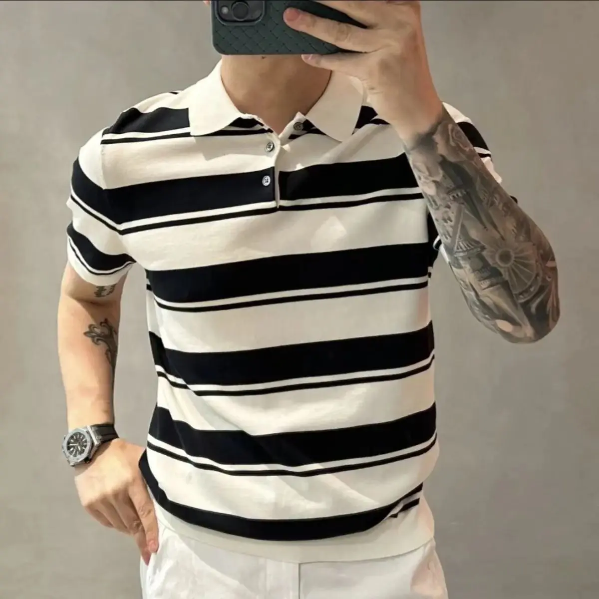 Áo Polo Nam, Xu Hướng Thời Trang, Hợp Xu hướng, Dáng Ôm, Sành Điệu, Cổ Áo bẻ xuống, Sọc, Áo Sơ Mi ngắn Tay Mùa Hè, Năm 2025