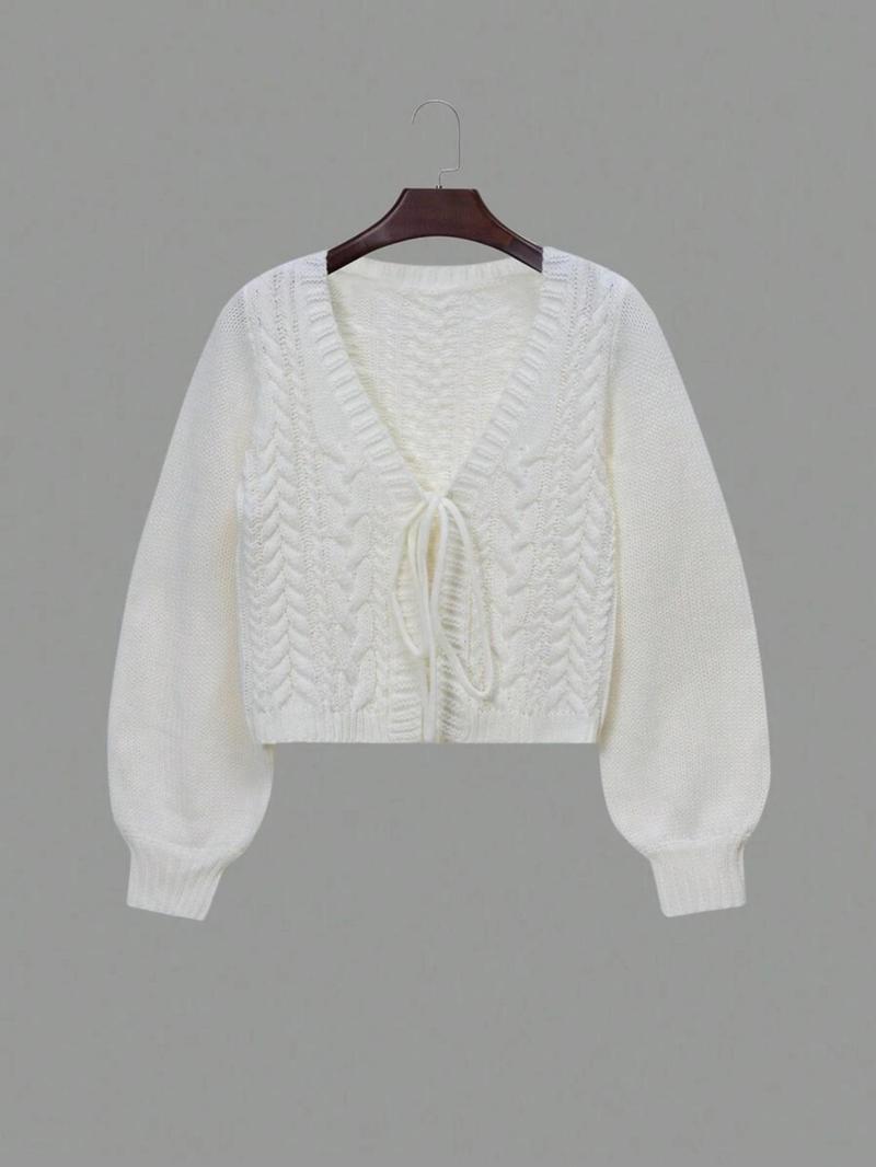 Product Introduction of 【Plus Size】 Solid Color Tie Front Lantern Sleeve Cardigan, Casual Long Sleeve Open Front Knitwear for Fall & Winter, Women's Plus Clothing for Daily Wear 7