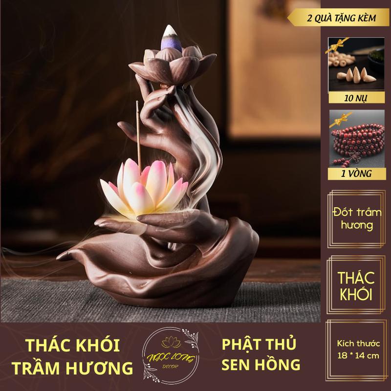 Thác Khói Trầm Hương Phật Thủ Tay Nâu Sen Hồng Khói Ngược Decor Phong Thủy Tặng Kèm 10 Nụ Trầm - Ngọc Long Decor 1