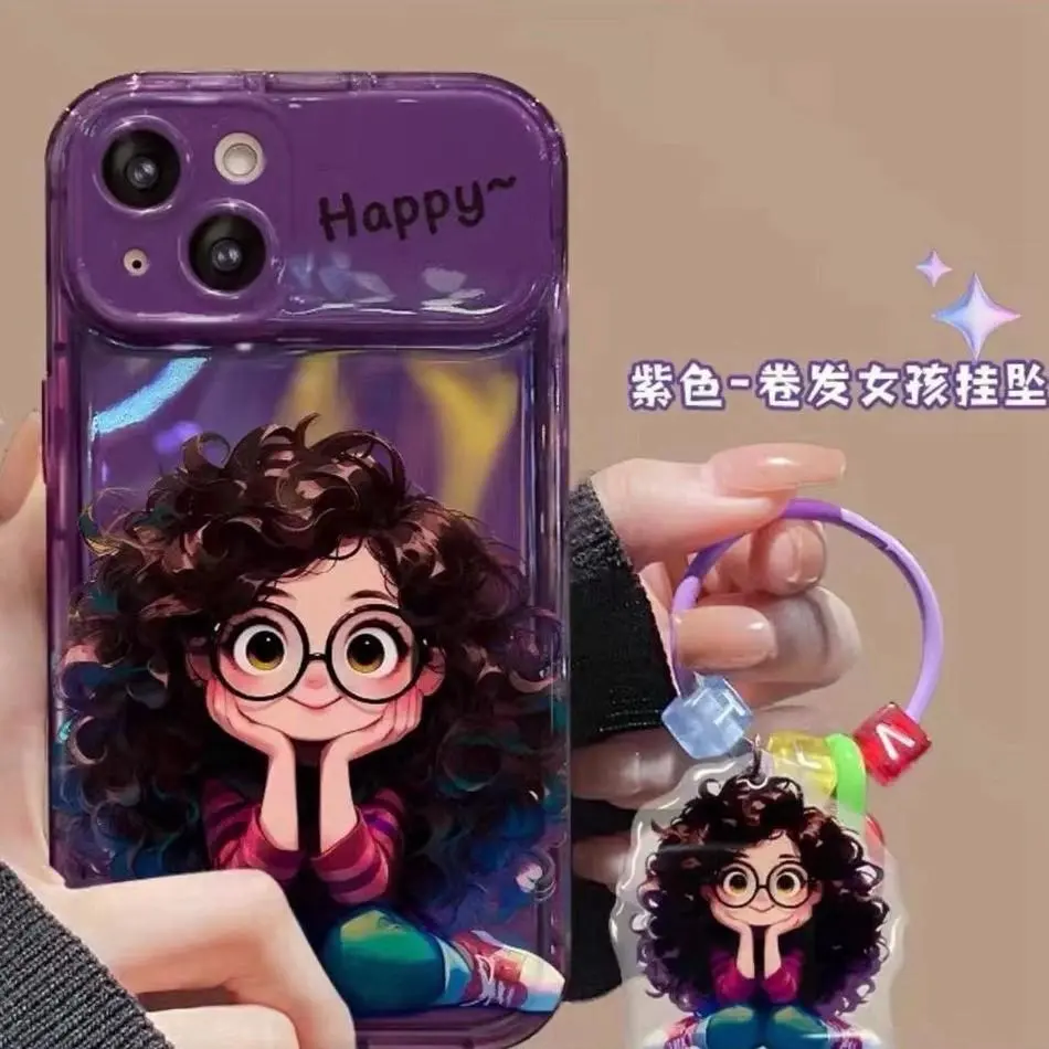 Happy Girl Pendant Phone Casing for IPhone 16 11 12 13 15 14 Pro Max Plus 7Plus 8Plus X XR 11Pro XS MAX Case Soft Silicone Chain Camera Protector Flip-over Mirror Strap Cover
