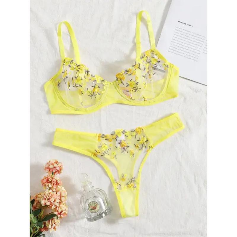 Bộ Đồ Ngủ Áo Ngực Và Quần Lót, Gợi Cảm Và Trong Suốt, Ren Thêu Màu Vàng, Bộ Đồ Lót Nữ, Bộ Đồ Ngắn Gợi Cảm, Trang Phục Đồ Lót 6