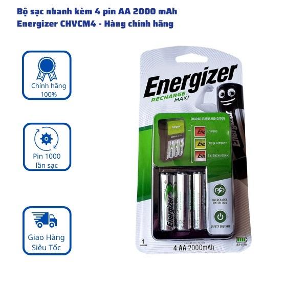 Bộ Sạc Nhanh Tự Ngắt Energizer Kèm 4 Pin AA 2000mah CHVCM4 dùng cho micro không dây, máy ảnh, đồng hồ