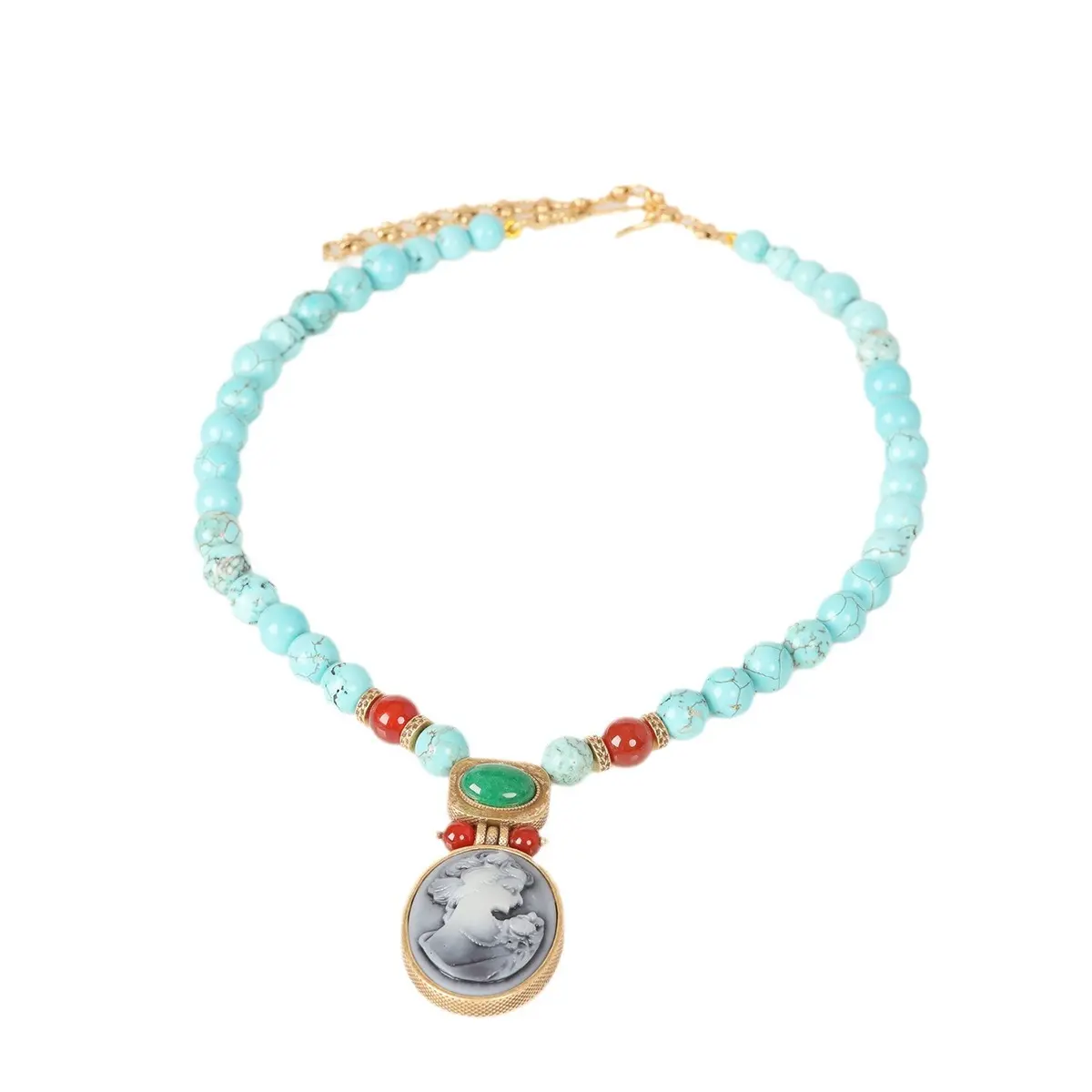 2025 High-end Fashion Personality Temperament Niche Versatile Retro Ethnic Style Cameo Turquoise Necklace