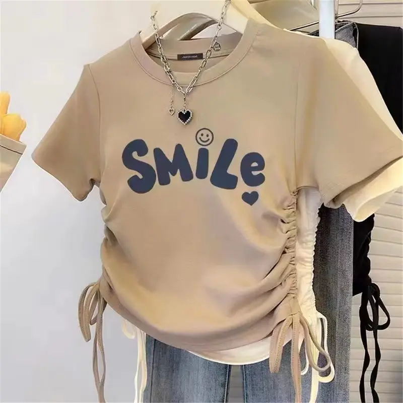 Áo Phông Ngắn Dây Rút Dành Cho Phụ Nữ, Kiểu Dáng Thẳng Vai, Cổ Tròn, In Chữ, Ôm Sát, ngắn Tay Áo, Thời Trang, Tươi Mới Và Ngọt Ngào, Áo Bé Gái 2