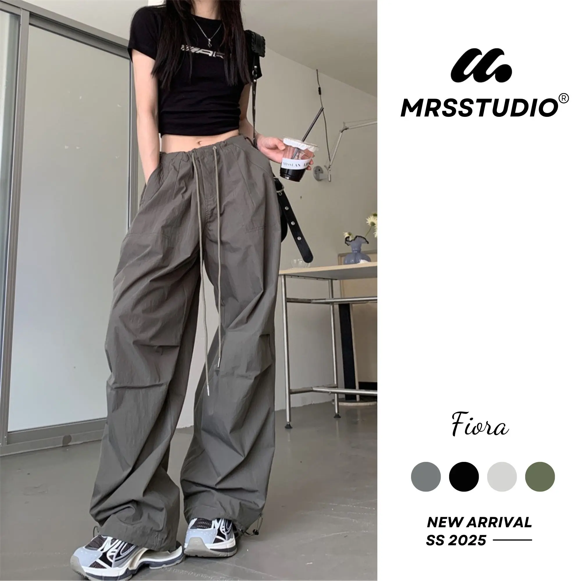 MRSSTUDIO - Quần dù gió nhăn ống rộng bigsize dài 106cm ống rộng dây rút eo cá tính Nữ Pants Voi Women Đen Ong
