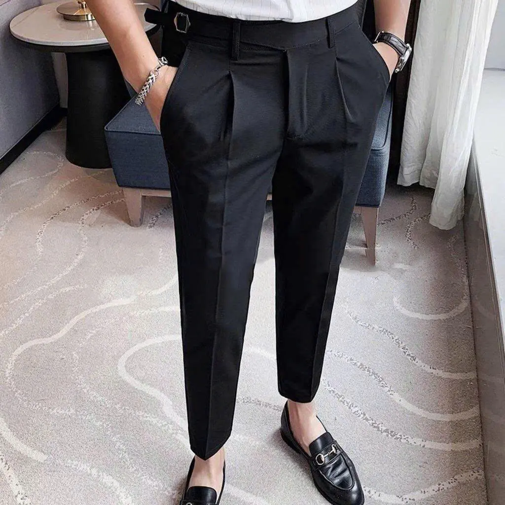 Quần Âu Nam Hàn Quốc Cạp Cao Có Đai Chỉnh Sidetab 1 bên Menswear Pants Đen