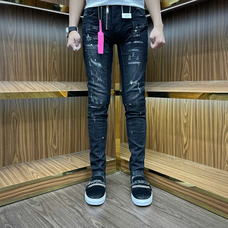 Quần Jeans nam xám bạc rách khóa lệch sước bốn cúc 1