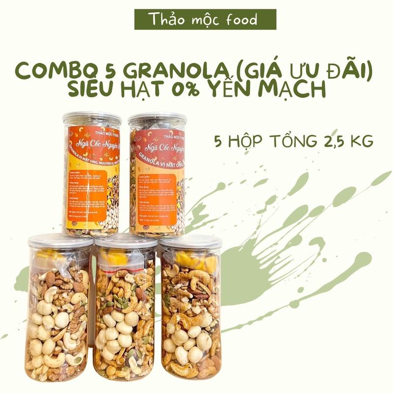 Combo 5 hộp GRANOLA 0% yến mạch siêu hạt Siêu macca tổng 2,5kg Thảo Mộc Food GIÁ ƯU ĐÃI Hữu cơ Không đường Tự nhiên Socola
