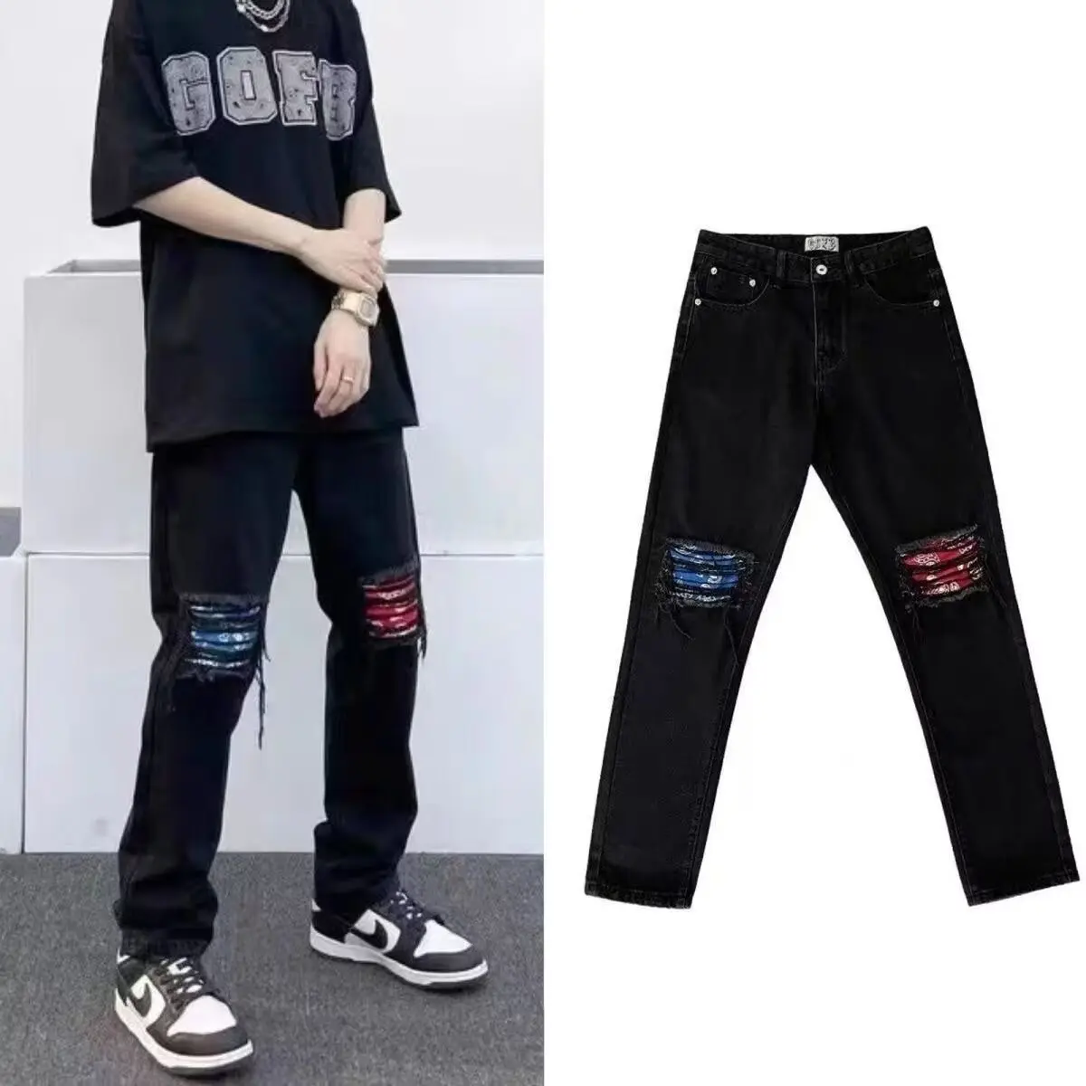 Trendy Ripped Black Patch Jeans Men'S Slim Slim And Handsome Trousers