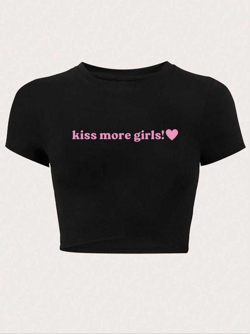 Product Introduction of Women's Letter & Heart Print Round Neck Crop Tee, Casual Short Sleeve Crew Neck T-Shirt for Summer, Fashion Women's Top for Daily Wear 1