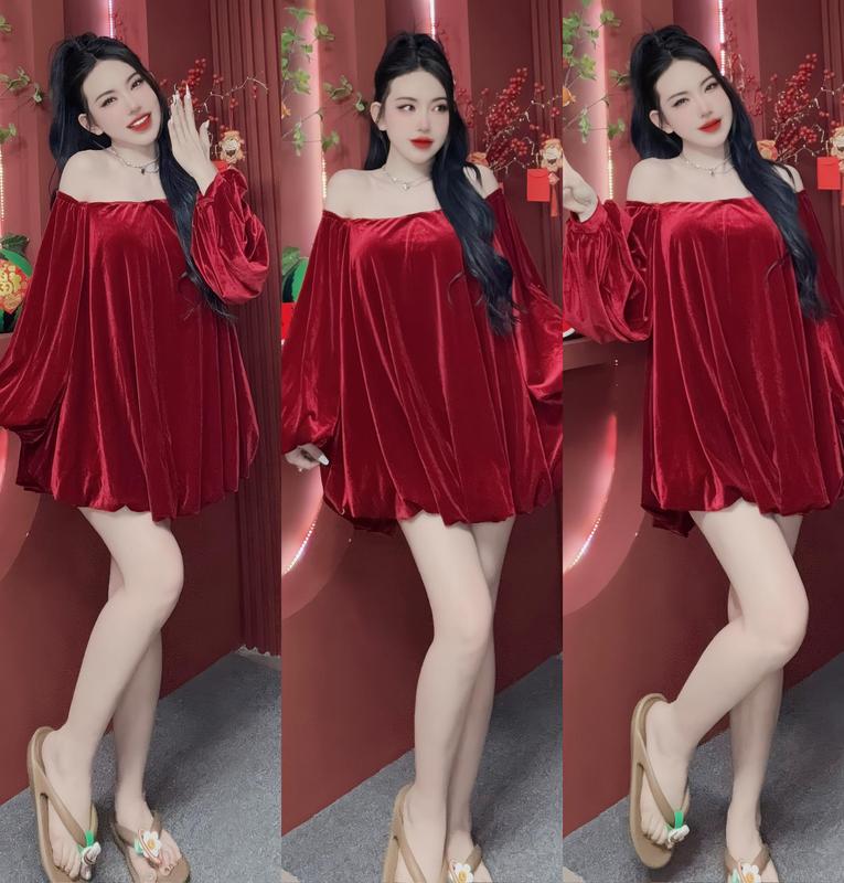 A24 - Áo Nhung Bồng Bềnh Bẹt Vai Tay Dài Nữ Women Voi Top Sơ Mi