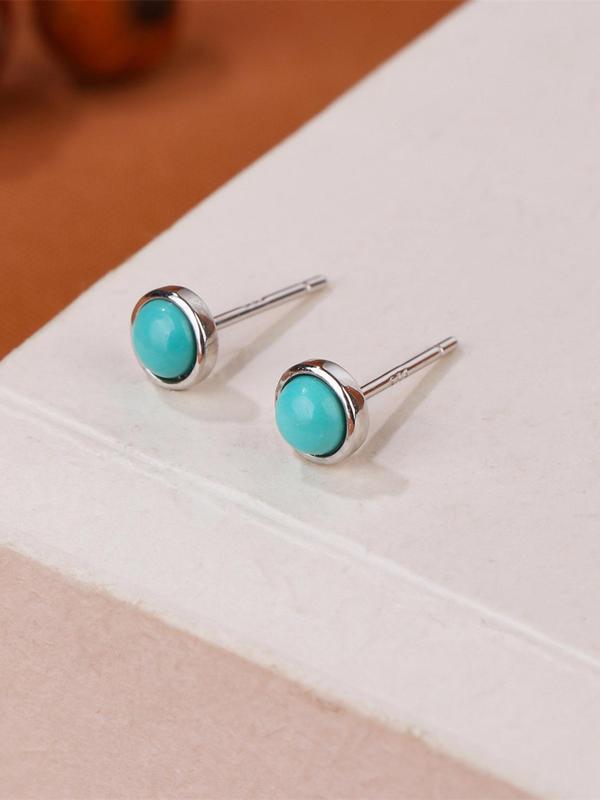 S925 Sterling Silver Round Shaped Turquoise Decor Earrings, Elegant Jewelry for Women, Trendy All-match & Exquisite Jewelry for Birthday Gift 2