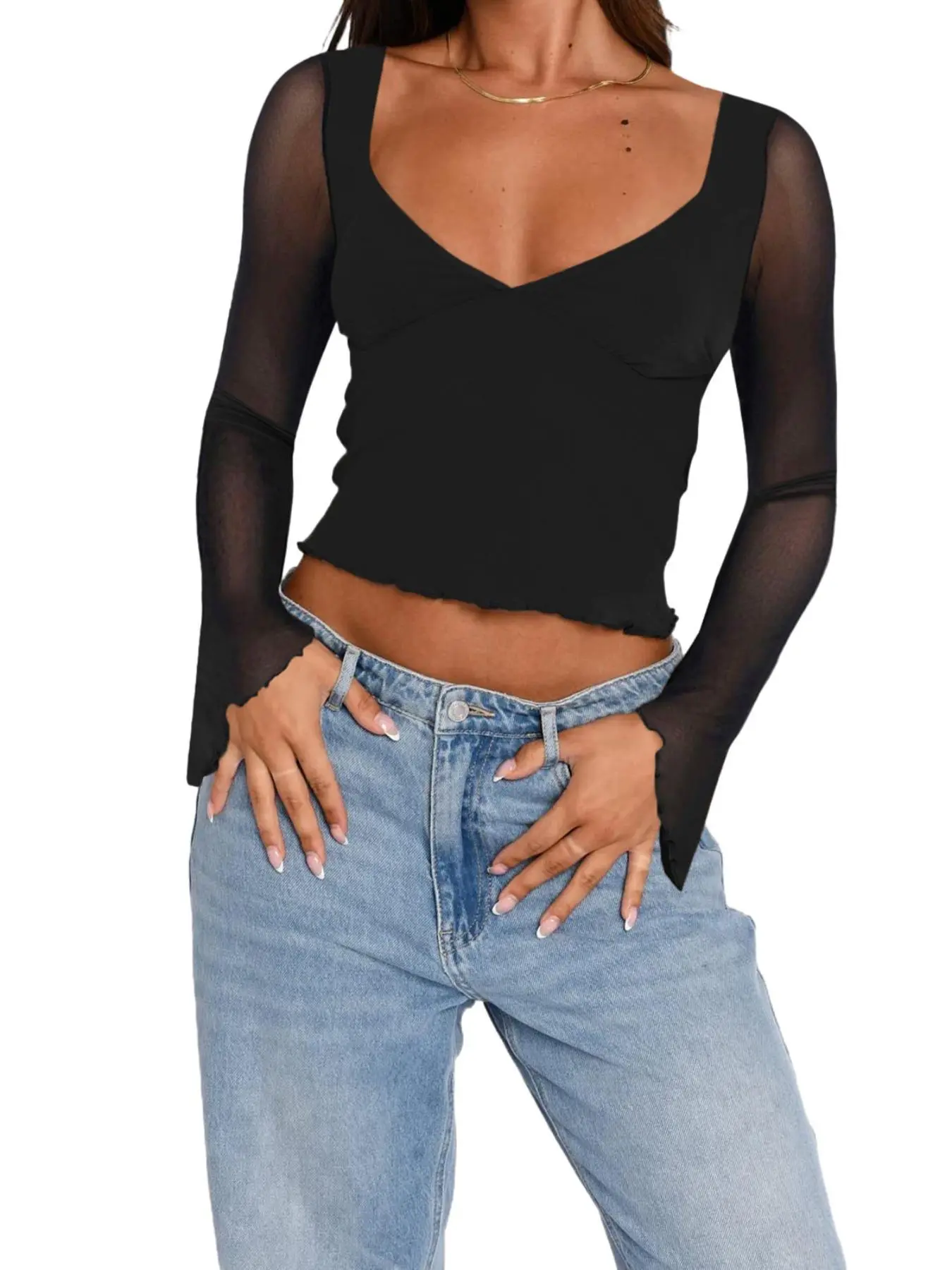 Women's Solid Contrast Mesh Sheer Sweetheart Neck Crop Tee, Casual Long Sleeve T-shirt for Spring & Fall, Women's Clothing for Daily Wear Valentine's Day, gift