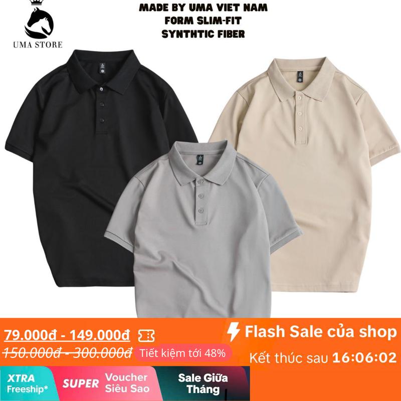 Combo 3 áo polo trơn Uma vải cá sấu poly thái UMAPL11 - form suông cổ bẻ hàng nút ngắn phía trước tay áo ngắn