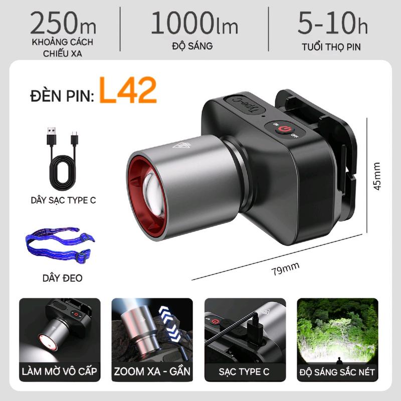ĐÈN PIN SIÊU SÁNG TD-L42 - Đầu Hợp Kim Nhôm Nhỏ Gọn - Zoom Xa Gần Tùy Chỉnh - Tuổi Thọ Pin Dài