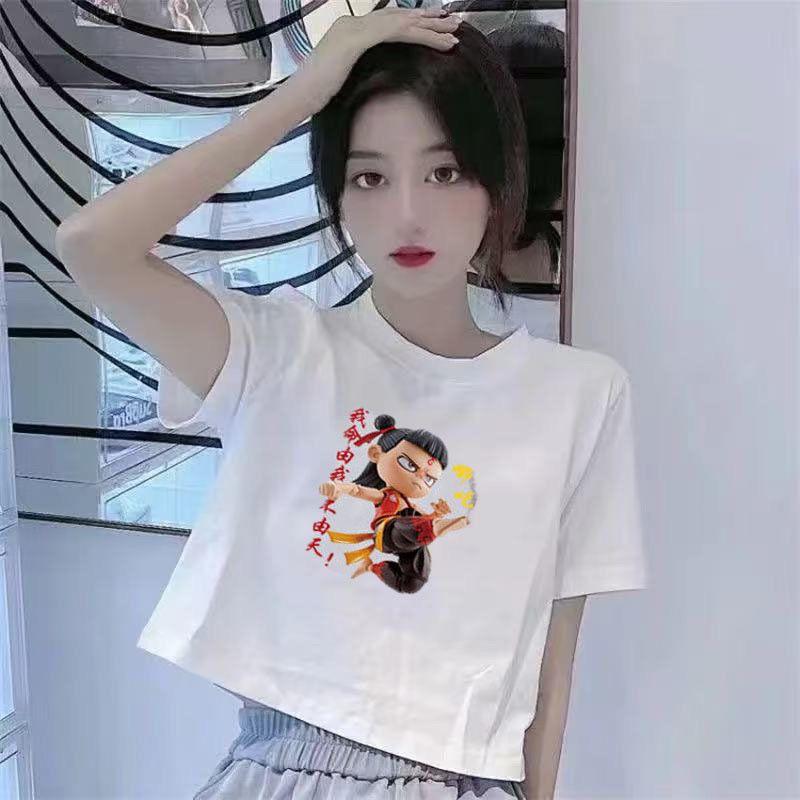 Áo Thun Nezha Phong Cách Trung Quốc Mới, Dáng Ôm, ngắn Tay, Thời Trang, Dành Cho Nữ, In Hình, Cổ Tròn, Trẻ Trung, Bán Chạy, Mùa Hè, Hợp Xu hướng 1