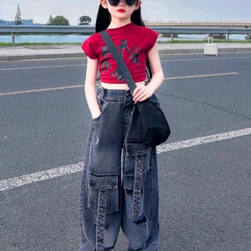 ELSAKIDS_Sét Bộ Quần Jean Đen Bé Gái, Áo croptop tay hến   HÌNH GHẾ