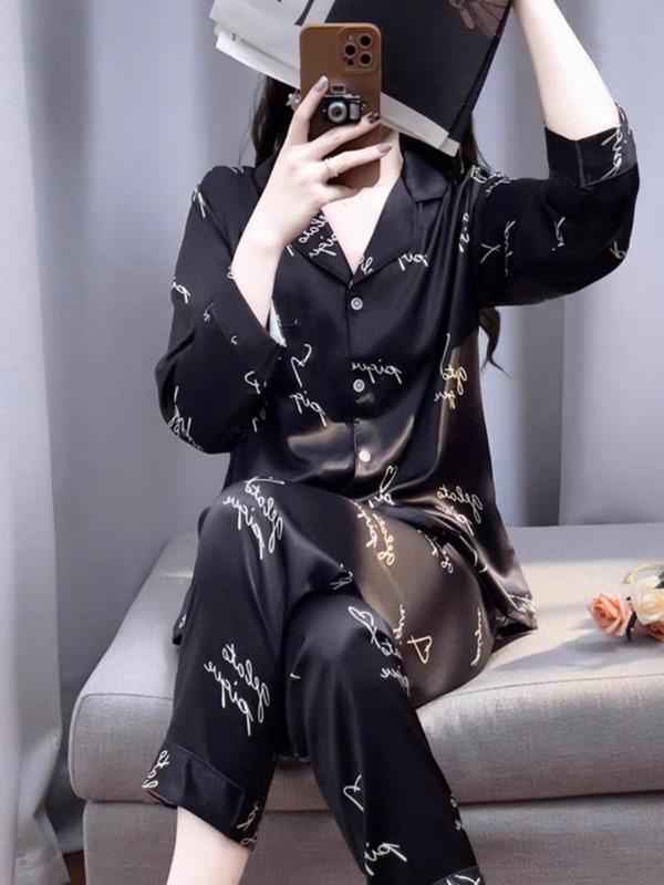 Đồ nữ Pijama ALADY lụa Latin cao cấp, màu đen sang trọng họa tiết chữ trái tim tay dài - TD0081 2