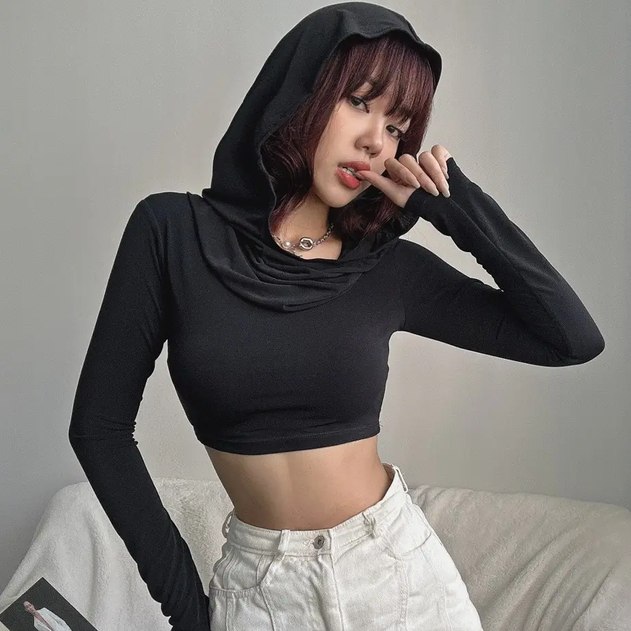 MH -ACT76 - Áo croptop dài tay có mũ rộng MAIA chất thun mềm mịn co giãn