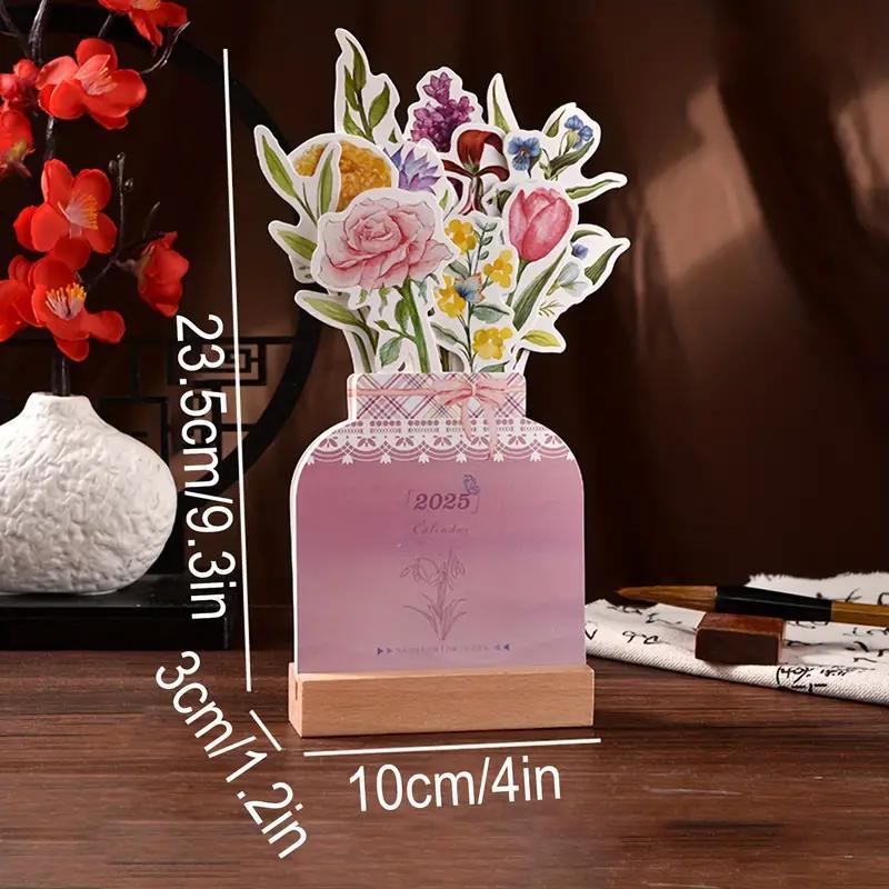Product Introduction of 2025 Flower Themed Desktop Calendar, 1 Count Creative Desktop Calendar with Wooden Base, Office Stationery & Supplies 1