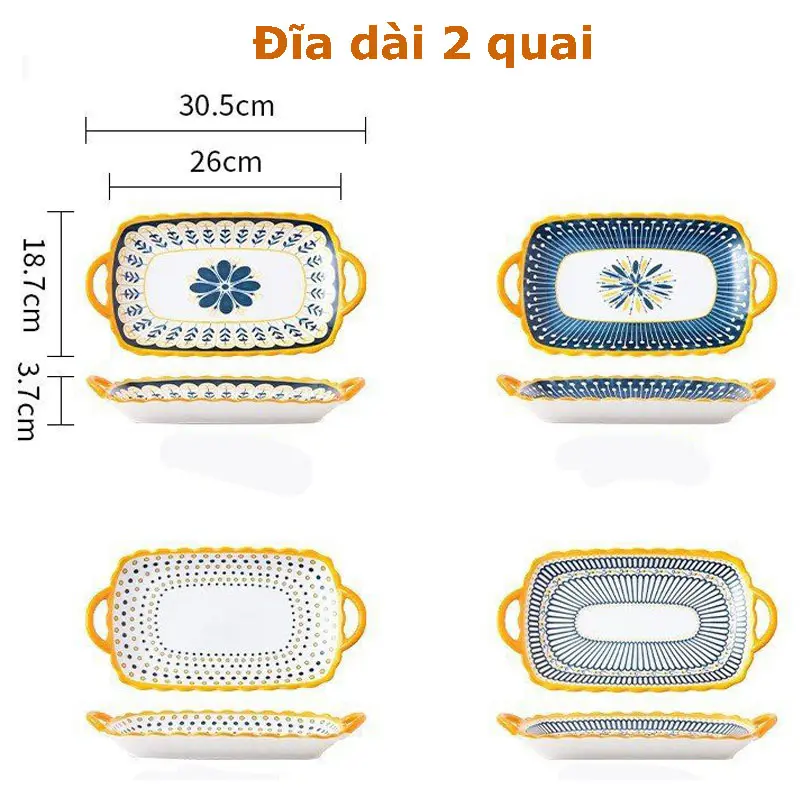 Bán Lẻ Bộ Bát Đĩa Thổ Cẩm Nordict Men Sáng Mịn Đẹp, Loại 1 Hoạ tiết Hoa xanh viền vàng