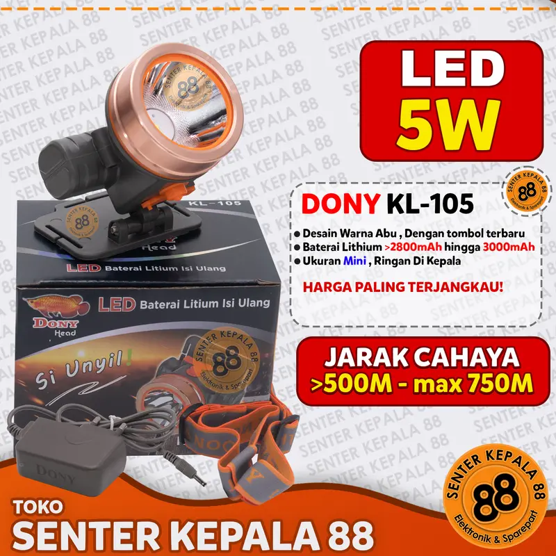 DONY Senter Kepala Dony KL 105 Si Unyil Siunyil Doni Cas Terang Jarak Jauh SUPER TERANG MURAH Sintar Dony Kepala SUPER TERANG ORIGINAL 105 kl-105 BERBURU GUNUNG MANCING ANTI AIR CAHAYA PUTIH CAHAYA KUNING LED CAS ULANG RECHARGEABLE CHARGE 3000mAH DOWNY 1