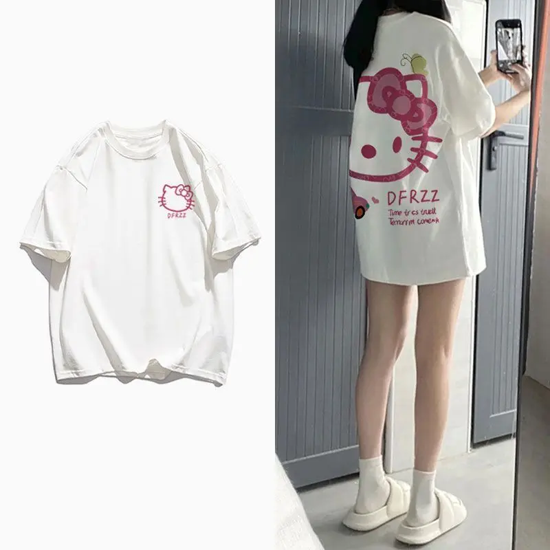 Áo Phông ngắn Tay Cho Nữ, Phong Cách Preppy Ngọt Ngào Dáng Rộng Rãi, Thiết Kế Hoạt Hình Mùa Hè, Thích Hợp Cho Học Sinh, Có Mèo Hellokitty Nhật Bản, Dễ Phối Đồ