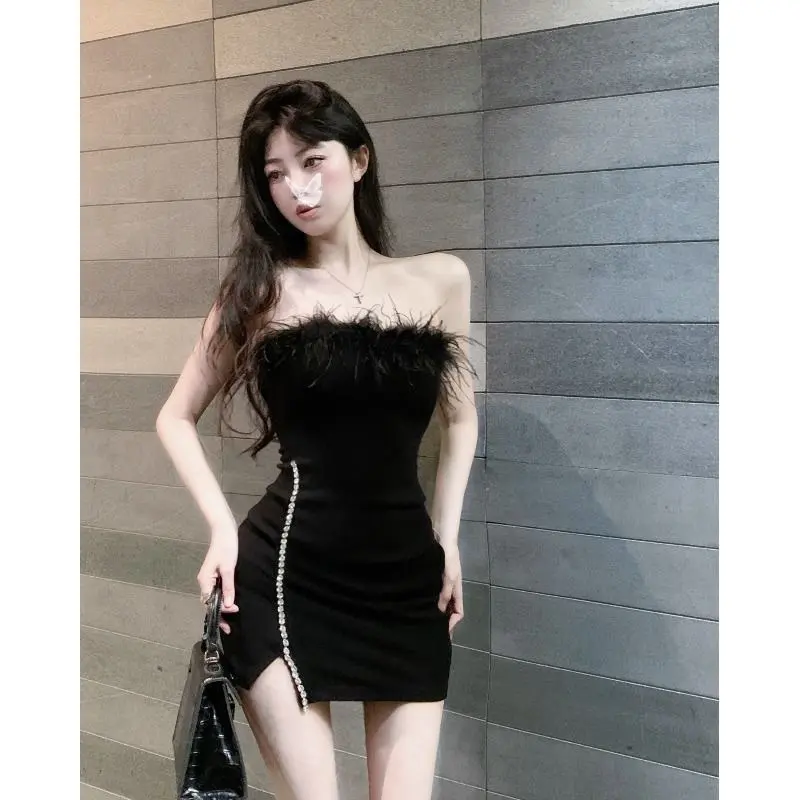 Đầm Bodycon Màu Đen, Thời Trang Thường Ngày Trễ Vai Không Tay Dành Cho Nữ, Phong Cách Hàn Quốc, Gợi Cảm, Eo Thu Vào, Quấn Mông, Xẻ Tà, Váy Ngắn, Thích Hợp Cho Mùa Hè