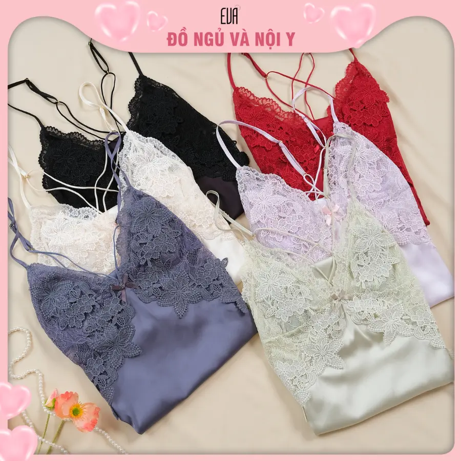 EVA Store - Váy ngủ lụa 2 dây D8832 có thể điều chỉnh vai phối ren ngực dành cho Nữ 1 kích thước  -6 màu sắc