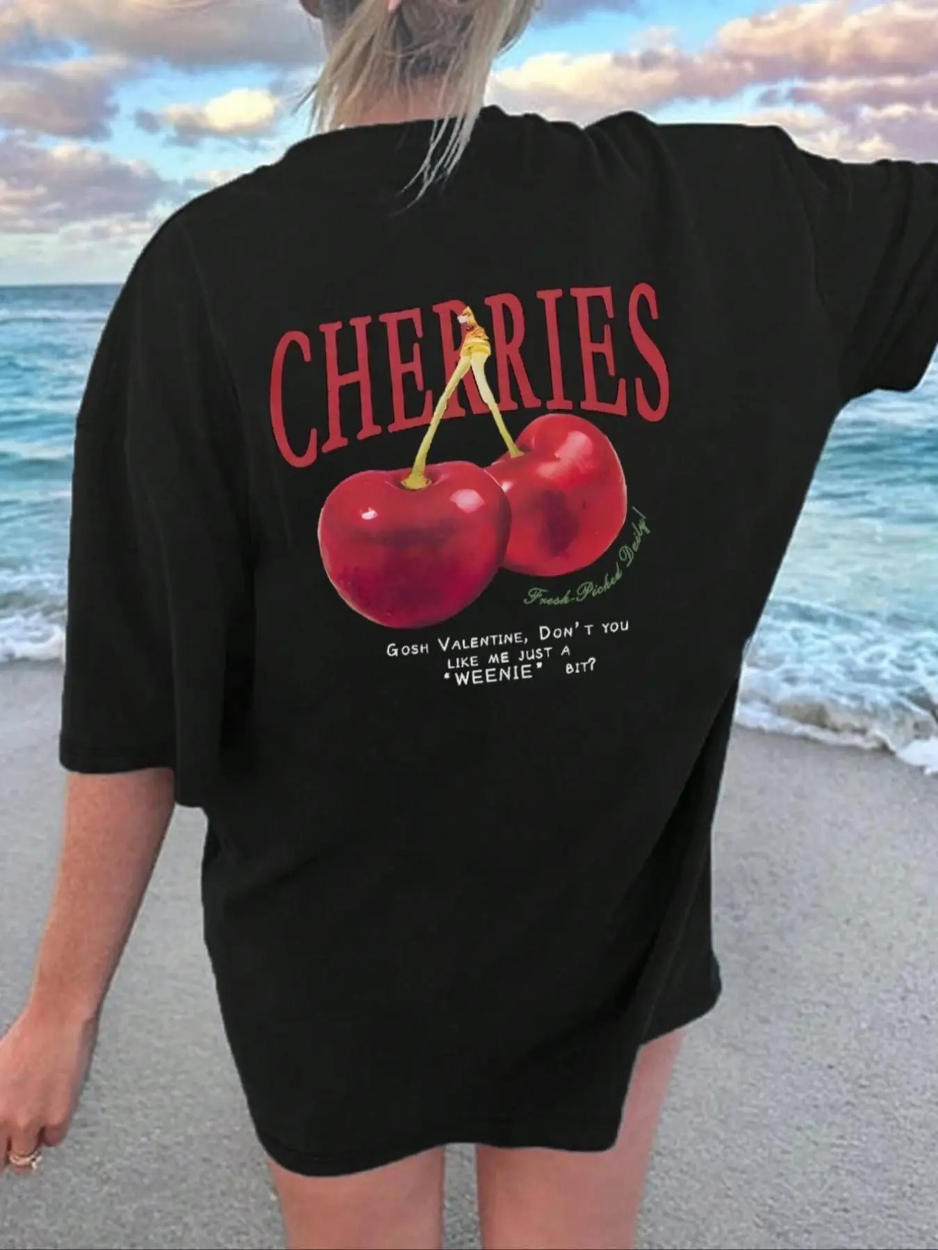 Women's Cherry & Letter Graphic Drop Shoulder Tee, Fashion Casual Round Neck Half Sleeve T-Shirt for Daily Holiday Vacation Wear, Ladies Summer Clothes Valentine's Day, gift