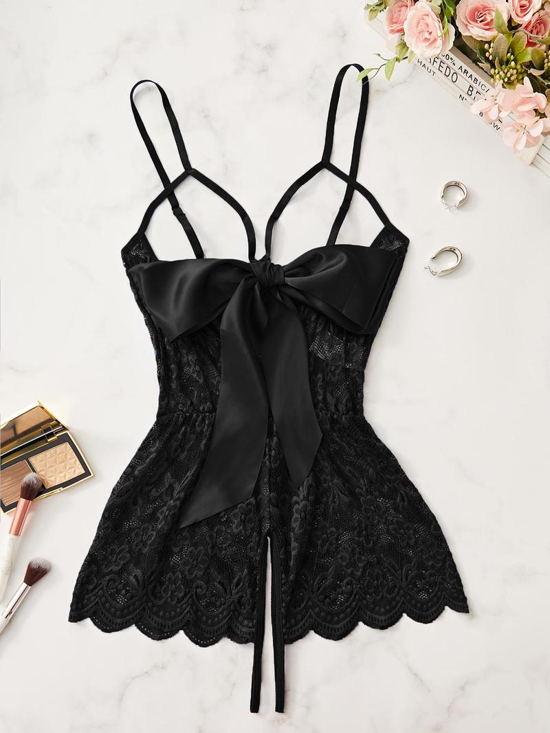 Product Introduction of Women's Floral Lace Bow Decor Sexy Cami Bodysuit, Sleeveless Bodysuit for Daily Wear, Ladies Sexy Lingerie for All Seasons 1