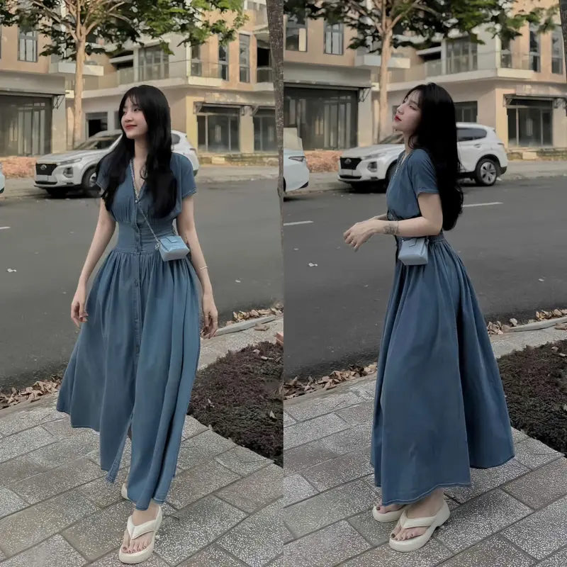 Đầm Nữ Xòe Maxi Dự Tiệc Jean QC cổ V Tay Ngắn Nút Gài Tôn Dáng Nữ Tính Dịu Dàng Thanh Lịch Sang Trọng Dễ Thương  - Free Size - Women, Top 1