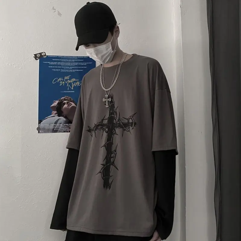 Áo Thun Dài Tay Giả Hai Mảnh Cho Nam Và Nữ, Áo In Chữ Thập, Rộng Rãi, Cỡ Lớn, Ins Dark Hip Hop, Hợp Thời Trang, Mới, Mùa Thu 8