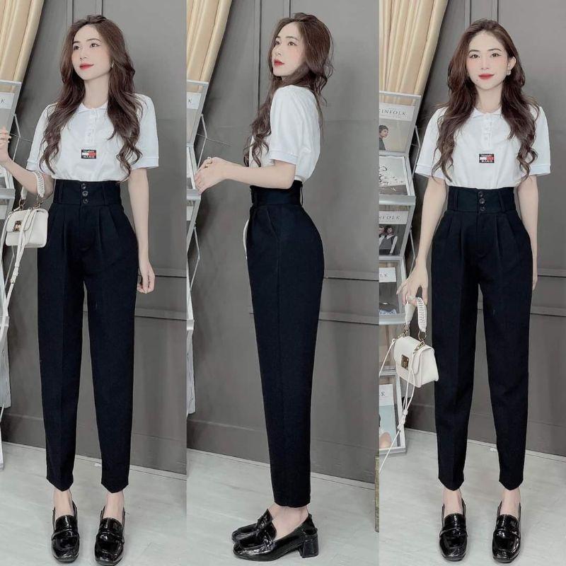  Quần Baggy Nữ Lưng Cao Ống Đứng Chất Tuyết Mưa Phối 3 Khuy Đi Học Đi Làm Công Sở Pants Ong 