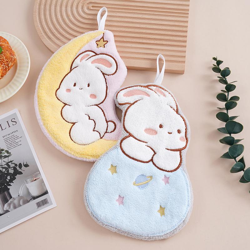 Product Introduction of Cute Rabbit Pattern Hand Towel Soft Hanging Towels Absorbent Coral  Towel Kitchen Bathroom Double-thickness Hand Towel 21