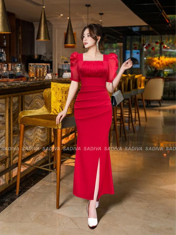  Váy Đầm Dự Tiệc Dạ Hội Trung Niên Thiết Kế Cao Cấp Tay Vol Nhún Ngực LD49 