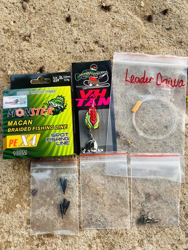 Combo 5 sản phẩm đầy đủ để câu Lure: 1 cuộn dù PE - 1 mồi hơi - Leader - Khóa lure snap - chụp chì - Khóa số 8 6món mồicâulure tắckè