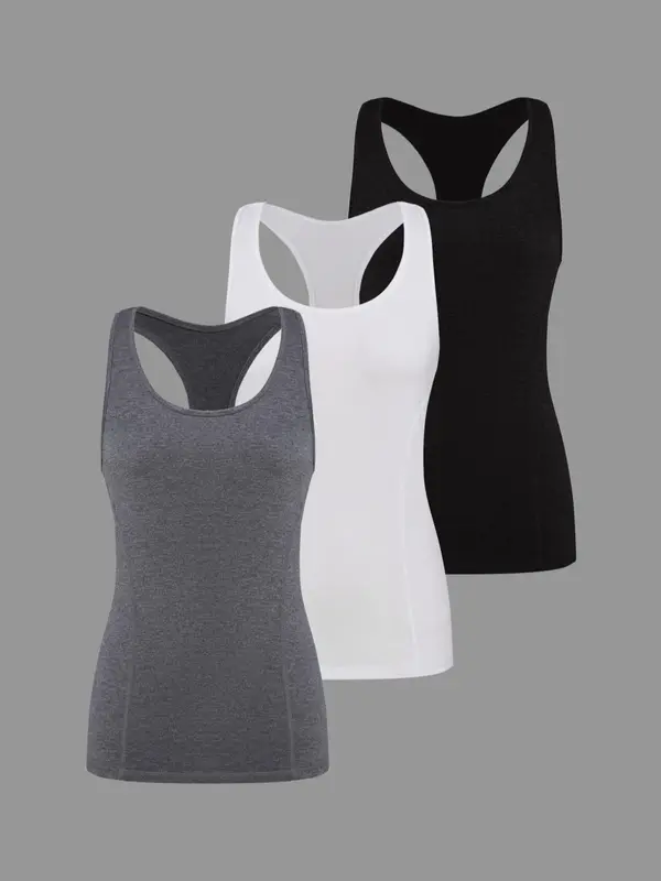Women's Solid Round Neck Sports Vest, Breathable Comfortable Quick Drying Racer Back Tank Top for Gym Workout, Ladies Sportswear for Summer Yoga Workout 0