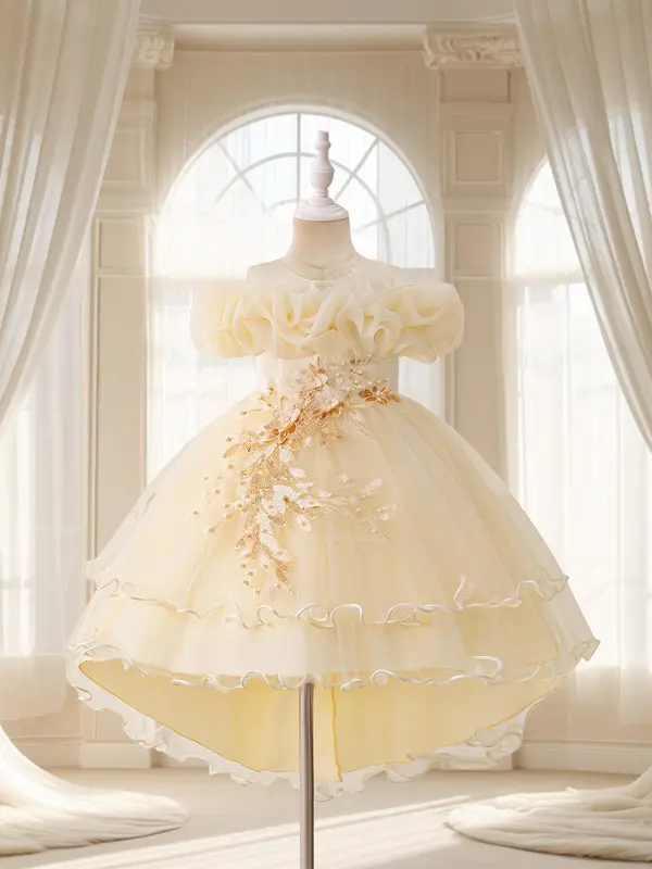 Girl's Floral Embroidery Layered Tulle Formal Dress, Elegant Party Tutu Dress for Performance Show Wear, Kids Clothes for All Seasons 6