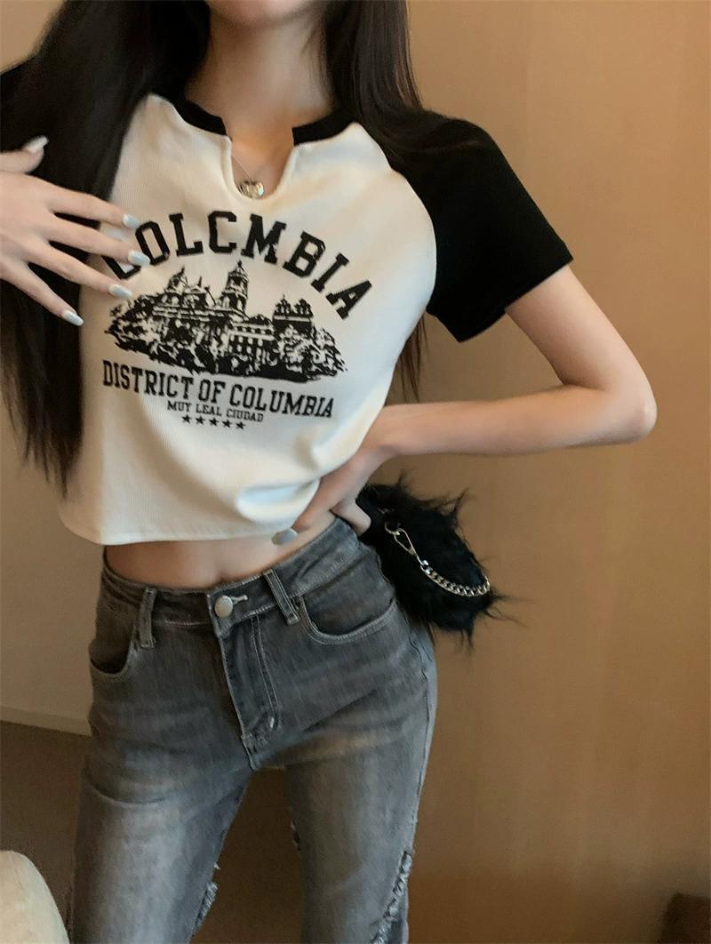 Product Introduction of Trendy V-Neck Short Sleeve T-Shirt for Women Spring Summer 25 Styles Sweet and Spicy American Retro Design Short Student Top Fashion 25