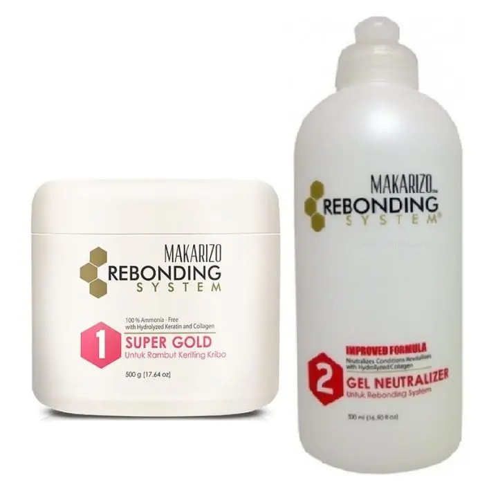 PAKET PELURUS RAMBUT WANITA KRIM SUPER GOLD DAN GEL Neutralizer MAKARIZO REBONDING CREAM STEP 1 & 2