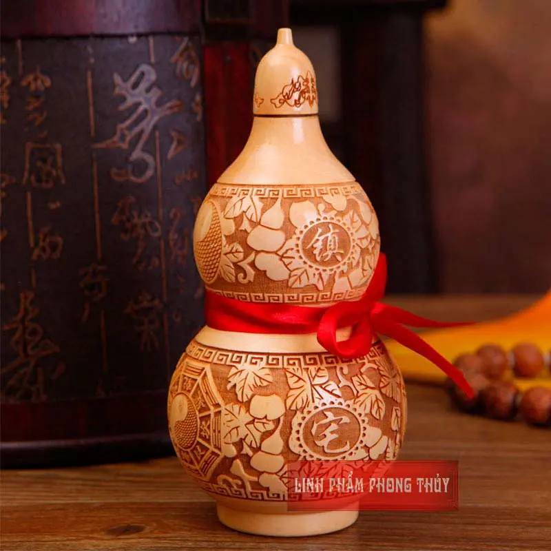 Vật Phẩm Phong Thủy Hồ Lô Gỗ Đào Khắc Bát Quái Kích Thước 10.5cm – 25cm 2
