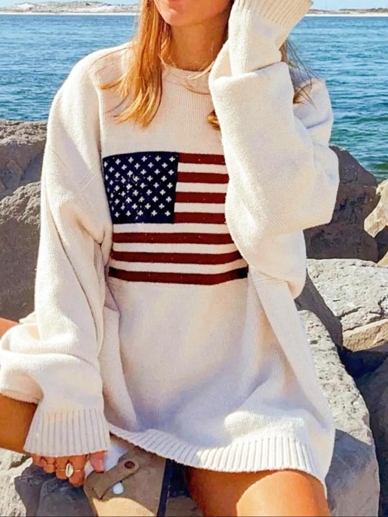 Product Introduction of 【Plus Size】 American Flag Print Drop Shoulder Sweater, Casual Long Sleeve Round Neck Jumper for Fall & Winter, Women's Clothing for Daily Wear 10