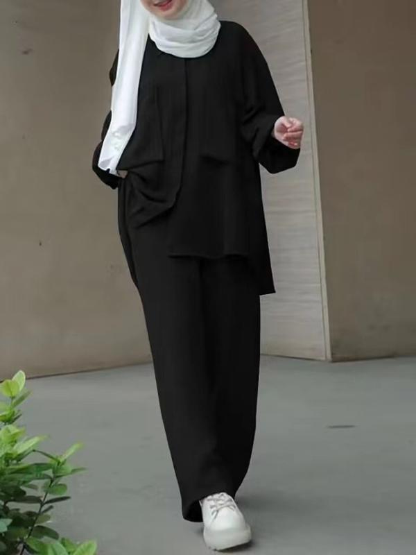 Product Introduction of 2024 Discount Middle East Muslim Long Sleeve Patch Pocket Hidden Placket Dyed Buckle Elastic Waist Trousers Shirt Outfit in Stock 6