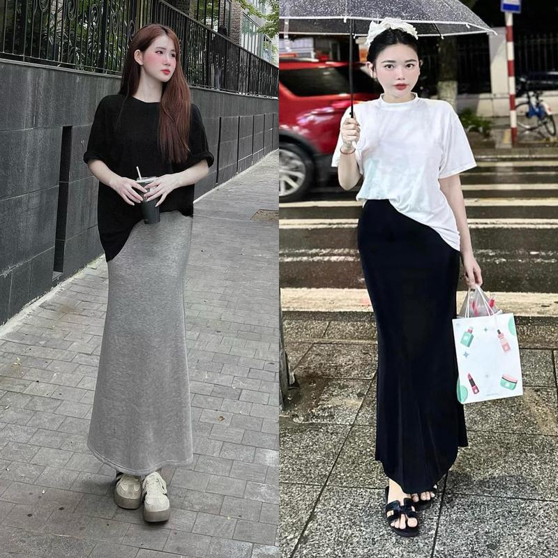 Set Váy Áo Chân Váy Đuôi Cá Áo Thun Trơn Form Thụng Ngắn Tay Dress Nữ Top Women by thời trang news Cotton Umi