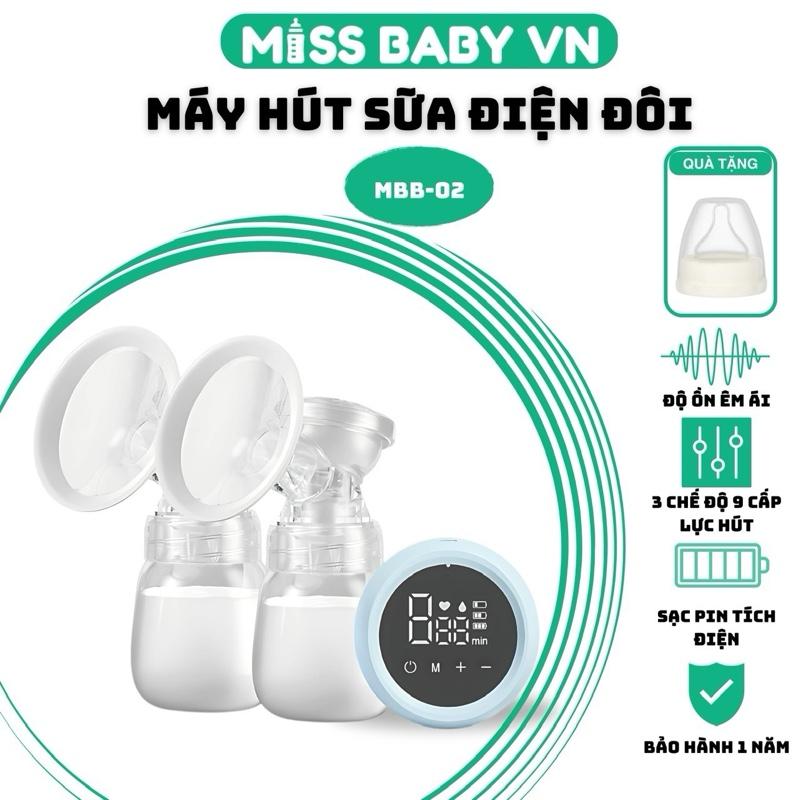 [ TÍCH ĐIỆN ] Máy hút sữa điện đôi MISS BABY VN MBB-02, 3 chức năng, 9 cấp độ lực, viền phễu Silicon, bảo hành 1 năm