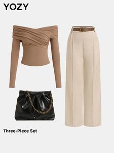 YOZY Women's Solid Off Shoulder Ruched Tee & Belted Pants & PU Leather Shoulder Bag Set, Casual Fashion Women's Co-ord Set for Daily